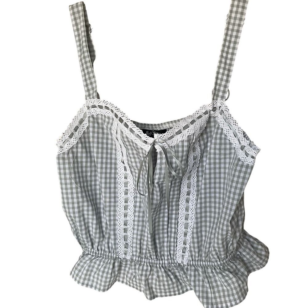 Self Esteem‎ Gingham Lace Trim Green Crop Top, L